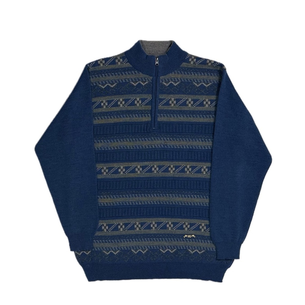 FD Fabiod Made in Italy wool acrylic blue Fair Isle quarter zip sweater‎ men XL